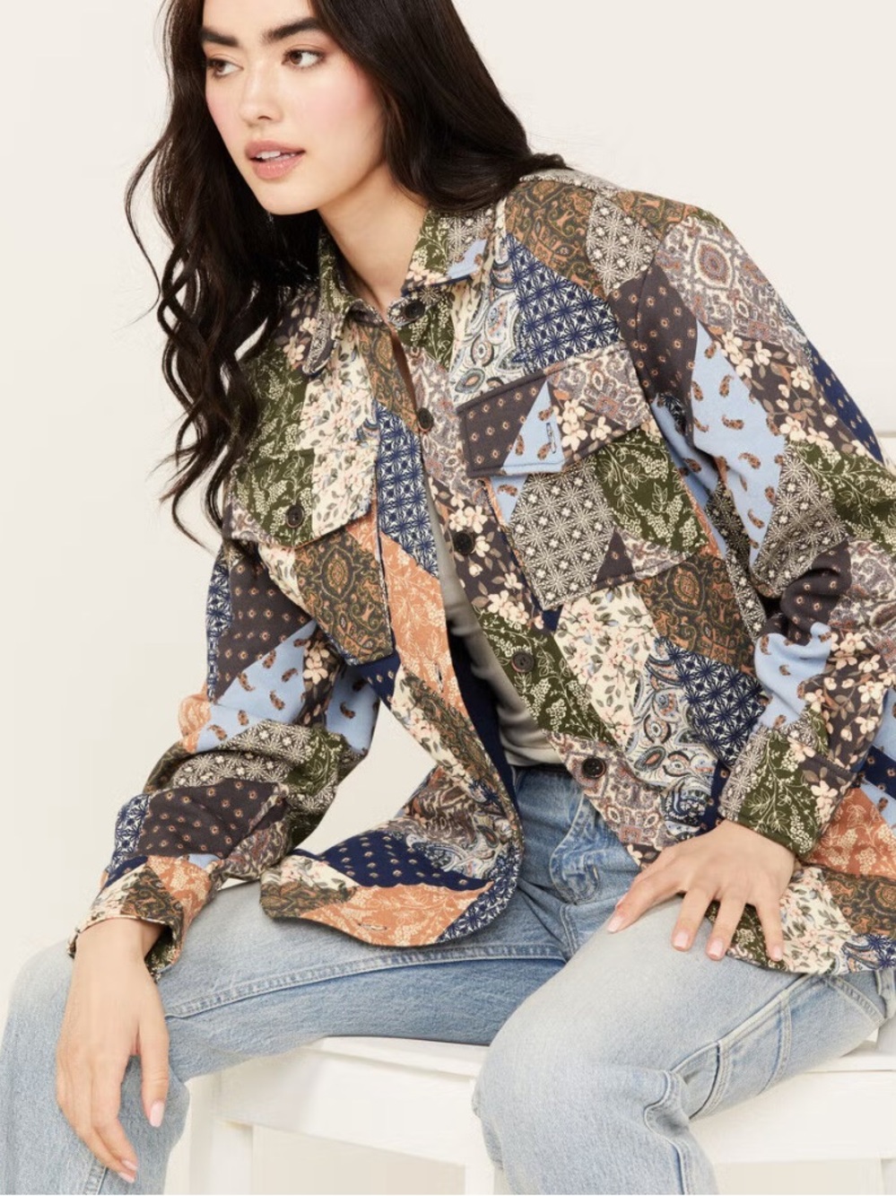Cleo + Wolf Patchwork Printed Shacket Jacket Size Large